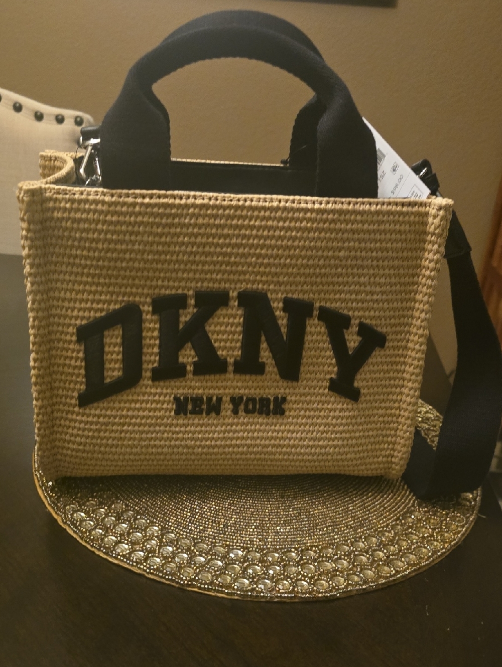 DKNY Natural Straw Tote with Black Logo and Trim
